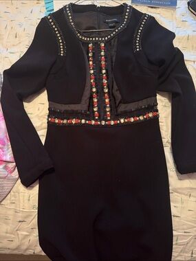 Marciano Black Long-Sleeve Dress with beading embellishments